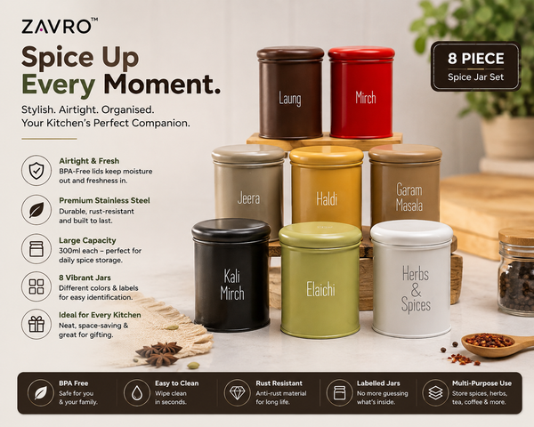 ZΛIVRO™ SpiceLuxe 8 — 8-Piece 300 ML Airtight Spice Jar Set with Stainless-Steel Finish | Kitchen Masala & Herb Organizer