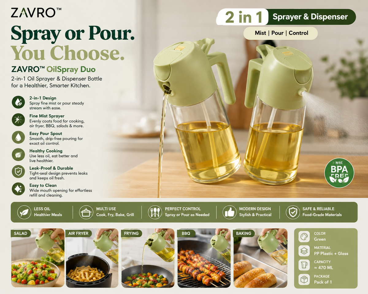 ZΛIVRO™ OilSpray Duo — 2-in-1 Oil Sprayer & Dispenser Bottle for Cooking, Air Fryer, BBQ, Baking & Salads