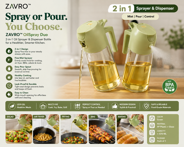 ZΛIVRO™ OilSpray Duo — 2-in-1 Oil Sprayer & Dispenser Bottle for Cooking, Air Fryer, BBQ, Baking & Salads