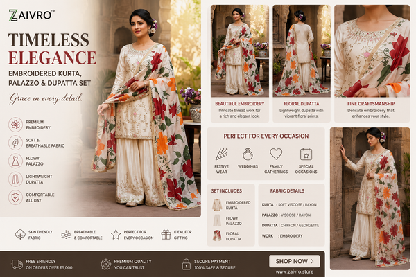 ZAIVRO™ Aavira — Embroidered Kurta, Palazzo & Floral Dupatta Set