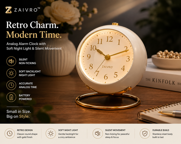 # ZΛIVRO™ Alarm Clock with Soft Night Light, Silent Non-Ticking Movement & Elegant Desk Stand