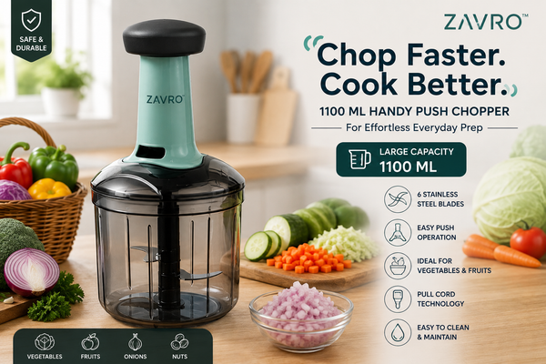 ZΛIVRO™ Chopora 1100 — 1100 ML Manual Push Chopper with 6 Stainless-Steel Blades for Vegetables, Fruits, Onions & Nuts