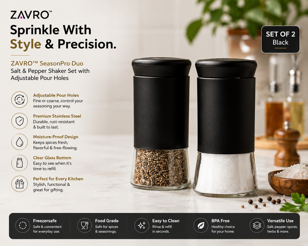 ZΛIVRO™ Pro Duo — Premium Salt & Pepper Shaker Set with Adjustable Pour Holes & Clear Glass Base | Set of 2