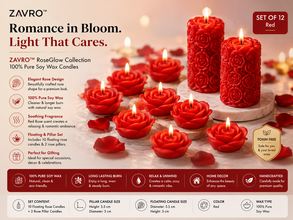 ZΛIVRO™ RoseGlow — Red Rose-Scented Floating & Pillar Candle Set | Elegant Floral Soy-Wax Décor for Romance, Gifting & Celebrations