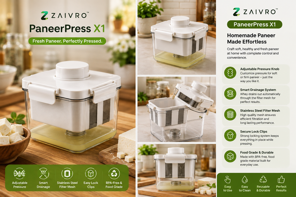 ZΛIVRO™ PaneerPress X1 | Premium Homemade Paneer Maker with Adjustable Pressure Knob, Stainless Steel Filter & Smart Drainage System