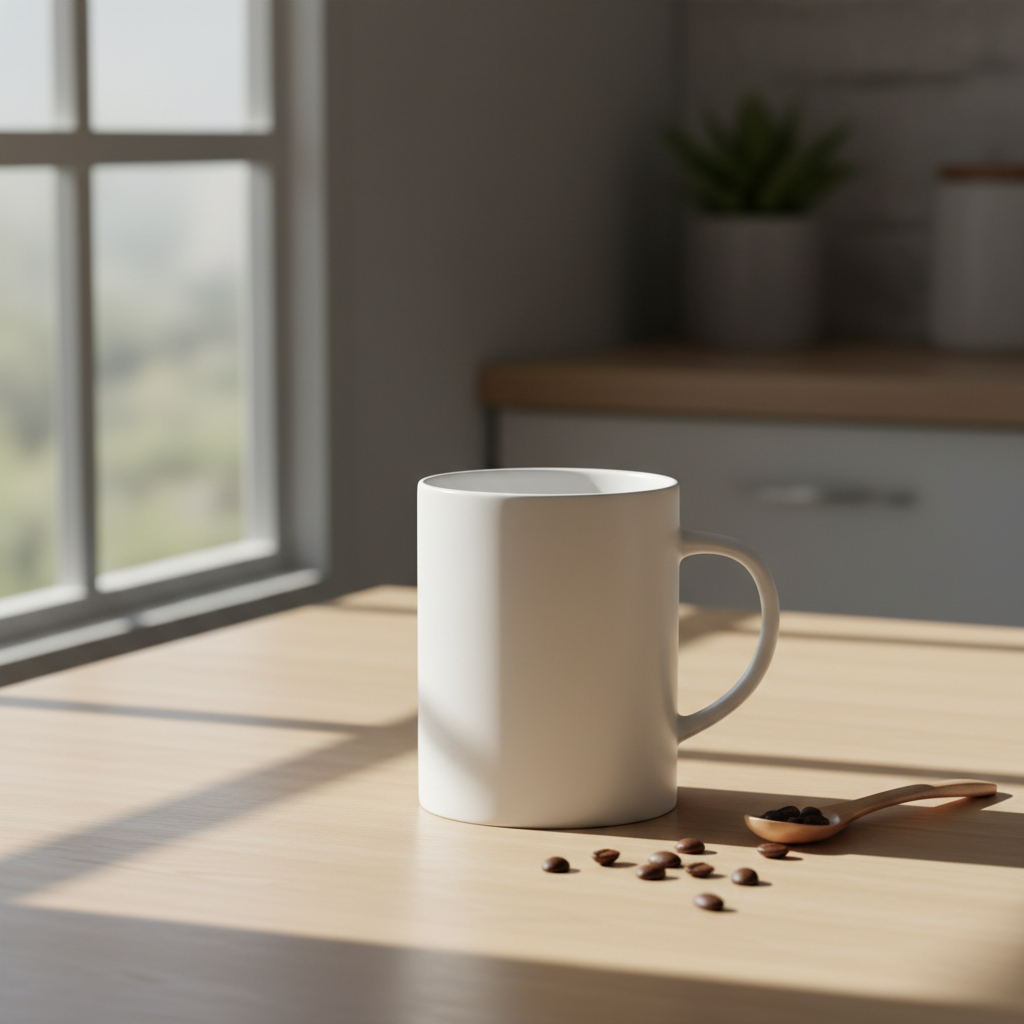 Premium white ceramic mug on a wooden surface